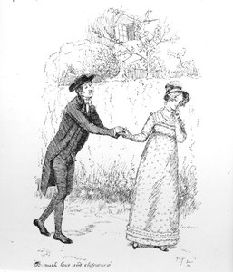 ジェーン・オースティンの「プライドと偏見」からのイラスト、「とても愛と雄弁さ」、1894年発行の版 作： Hugh Thomson